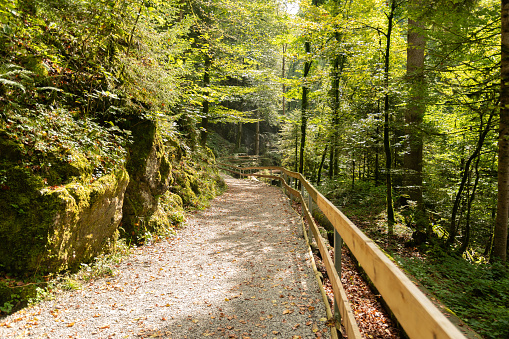 Dornbirn, Austria, September 14, 2023 Pedestrian walkway through the majestic Rappenloch valley
