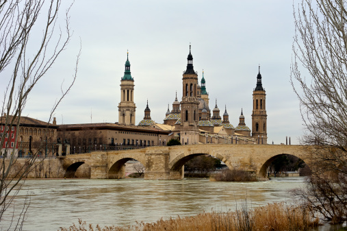 View of the Cathedral of Zaragoza called El Pilar and the Ebro River (Spain).