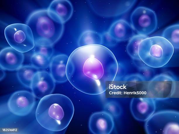 Group Of Bluecolored Cells Under Microscope Stock Photo - Download Image Now - Biological Cell, Human Cell, Stem Cell
