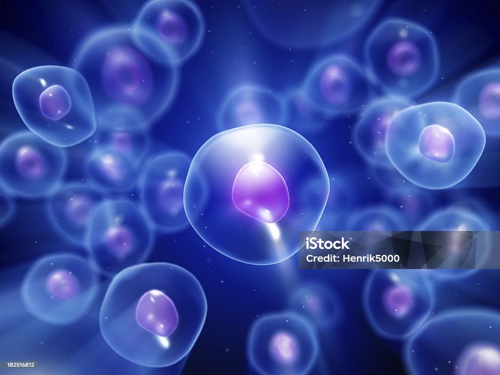 Grupa niebieski kolor komórek pod mikroskopem - Zbiór zdjęć royalty-free (Komórka)