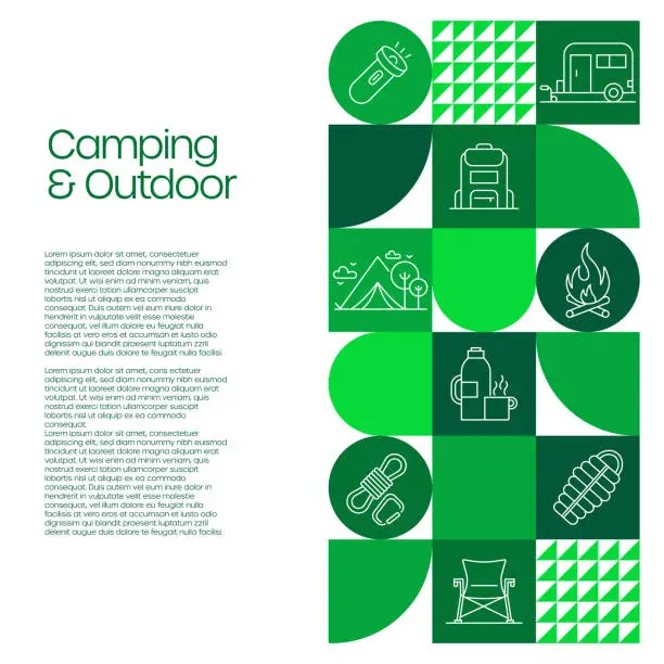 Vector illustration of Camping and Outdoor Recreation Related Design with Line Icons. Simple Outline Symbol Icons. Caravan, Camp Tent, Campfire, Traveling