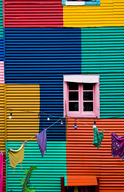 Colorful outside of building in Buenos Aires, Argentina Window at Caminito Square la boca stock pictures, royalty-free photos & images