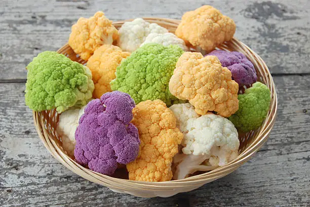 A colorful variety of freshly picked organic cauliflower florets.