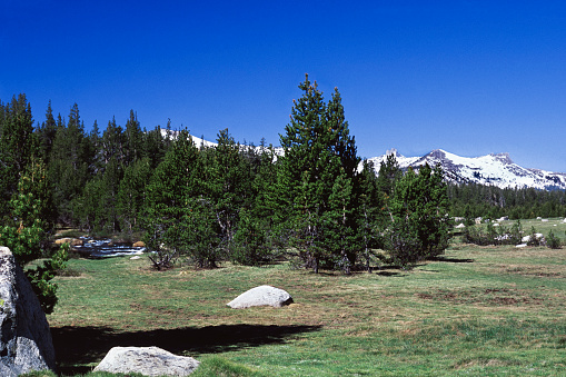 Lassen National Park California, with beautiful mountain scenery and snow, still around in summer