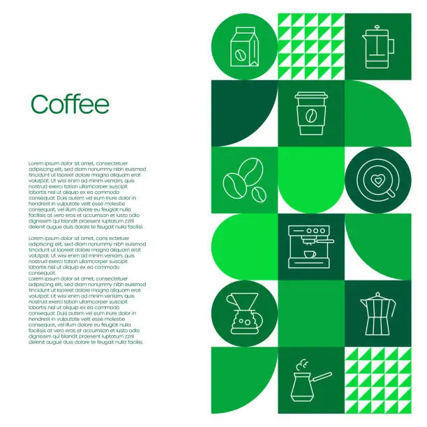 Vector illustration of Coffee Related Design with Line Icons. Simple Outline Symbol Icons. Espresso, Americano, Latte, Green Tea