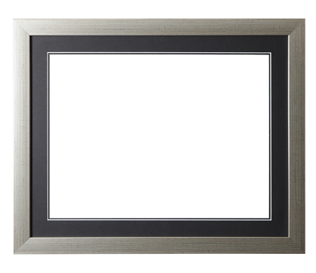 Modern empty Silver Grunge Frame with black mount board for placement of pictures. Pure white background for easy editing. Lit from top left.