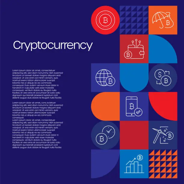 Vector illustration of Cryptocurrency Related Design with Line Icons. Simple Outline Symbol Icons. Bitcoin, Blockchain, Digital Wallet, Futuristic