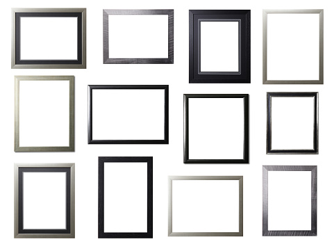 Fine assortment of silver & black wood & metal fine textured finely lit from top left picture frames for you to add your own image. slick and contemporary.