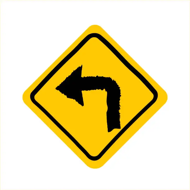 Vector illustration of Turn left yellow road sign.