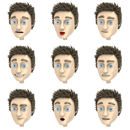 nine different faces of cartoon boy character.