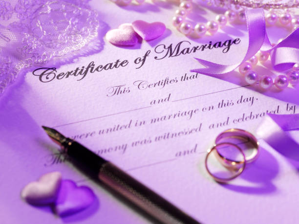 istock Certificate of Marriage with Rings and Pen 182519763
