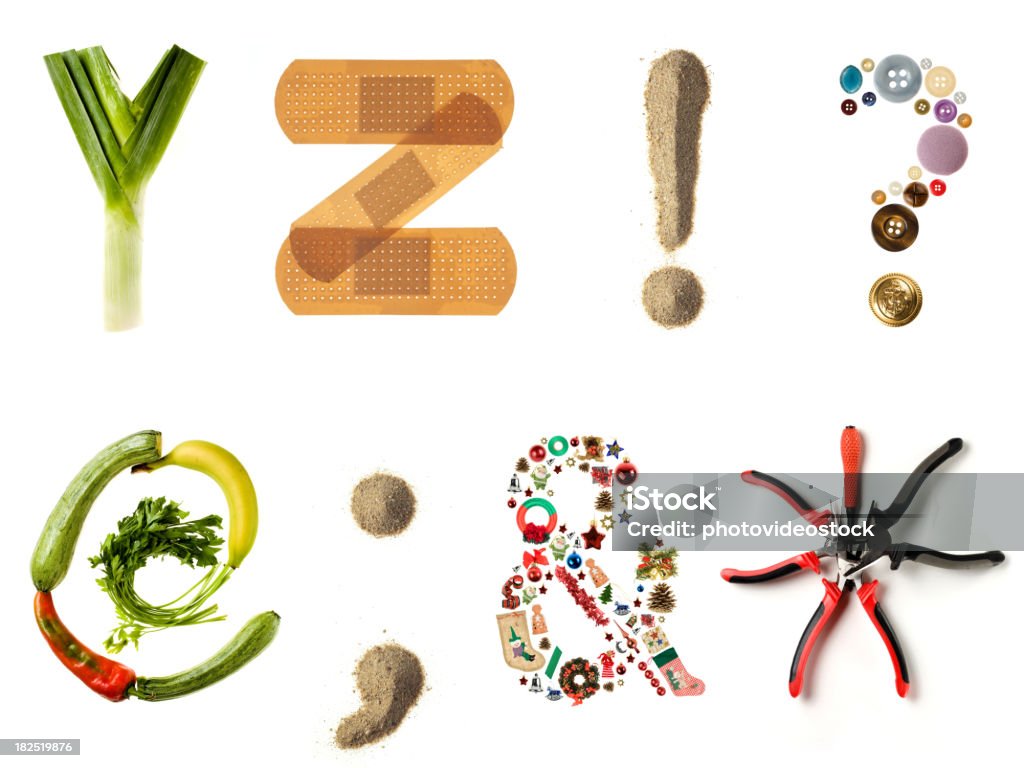 Multi style alphabet Y-Z and extra chars alphabet letters made with very different objects and styles. Ampersand Stock Photo