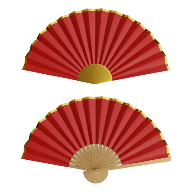 Vector illustration of isolated chinese fan. 3d red and gold folding fans. chinese new year fan realistic illustration