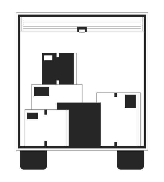 이동 트럭 다시 흑백 2d 라인 만화 개체 - moving van relocation motion physical activity stock illustrations