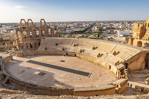 El Jem, Mahdia, Tunisia. March 14, 2023. Amphitheater of the Roman ruins at El Jem.