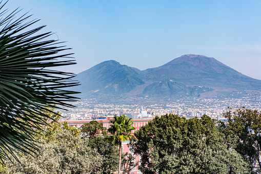 Mount Vesuvius and the Bay of Naples, as seen from the Sorrento peninsula in Italy.
