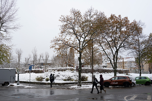 Leipzig, Germany. 1 of December 2023.\nSteinplatz covered in snow.