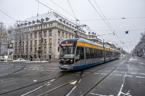 Leipzig, Germany. 1 of December 2023.
Tram through the streets of Leipzig with the first snow.