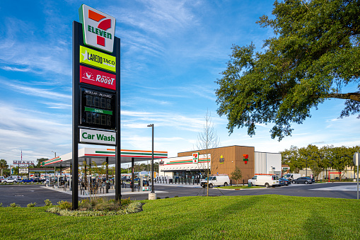 Ocala, Florida, USA - November 21, 2021: Newly opened 7-Eleven convenience store in central Florida.