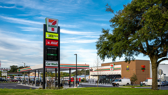 Ocala, Florida, USA - November 21, 2021: Newly opened 7-11 convenience store in central Florida.