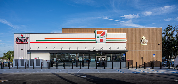 Ocala, Florida, USA - November 21, 2021: Newly opened 7-11 convenience store in central Florida.