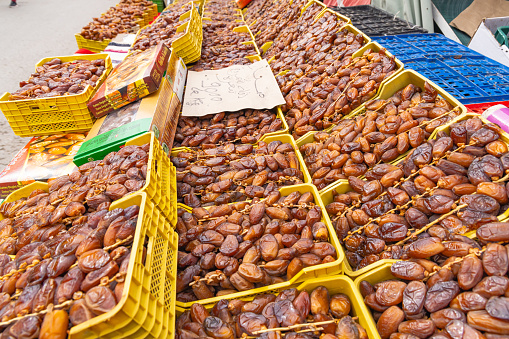 Bir Al Huffay, Sidi Bouzid, Tunisia. March 19, 2023. Dates for sale at the outdoor souk in Bir al Haffay.