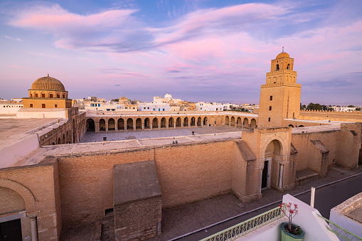 Kairouan, Tunisia. Evening view of the Great Mosque of Kairouan.