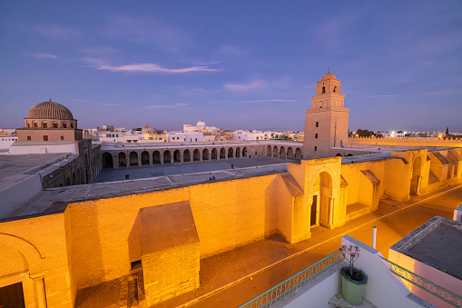 Kairouan, Tunisia. Evening view of the Great Mosque of Kairouan.