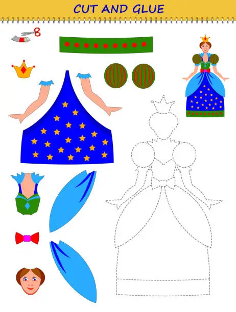 Vector illustration of Educational page for little children. Printable template with exercise for kids. Use a scissors to cut and glue cute toy doll. Developing skills for cutting and handwork. Flat vector cartoon image.