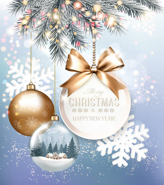 雪片とカラフルな透明なボールと休日のクリスマスの背景。ベクトル - backgrounds greeting card bow anniversary点のイラスト素材／クリップアート素材／マンガ素材／アイコン素材