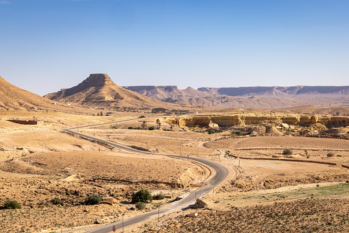 Chenini, Tataouine, Tunisia. Rural road near the town of Tatouine.