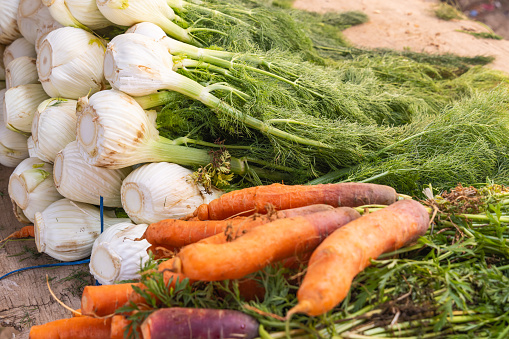 Bir Al Huffay, Sidi Bouzid, Tunisia. Fresh carrots and fennel root for sale at the outdoor souk in Bir al Haffay.