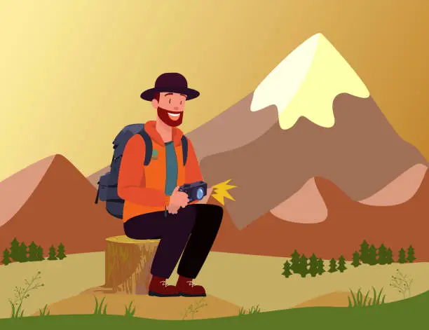 Vector illustration of Traveler in Hat and Backpack Sitting on stump,with Camera, Mountains and simple landscape in Background. Male Photographer with satisfied face. Vector illustration for banners or cards
