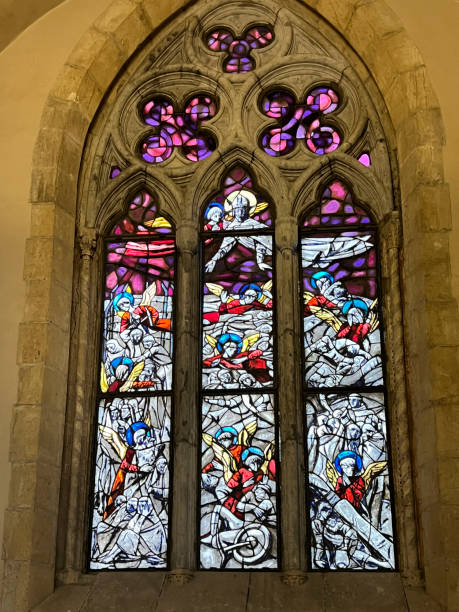 Naples, Italy, Campania, September 28, 2023: Inside the Santa Chiara complex, Monastero di Santa Chiara in Naples. Colorful stained glass above the altar Naples, Italy, Campania, September 28, 2023: Inside the Santa Chiara complex, Monastero di Santa Chiara in Naples. Colorful stained glass above the altar. saint naples italy italy santa chiara stock pictures, royalty-free photos & images