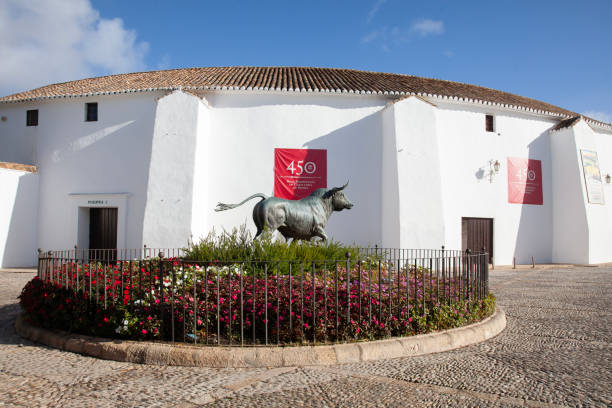 Statue of a bull outside the Plaza de Toros de la Real Maestranza de Caballería de Ronda, the Bullring of the Royal Cavalry of Ronda, which was established in 1573 under its previous name of Hermandad del Santo Espíritu. Banners celebrating the 450th anniversary of the Royal Cavalry are on the bullring walls. The bullring itself was completed in 1785.