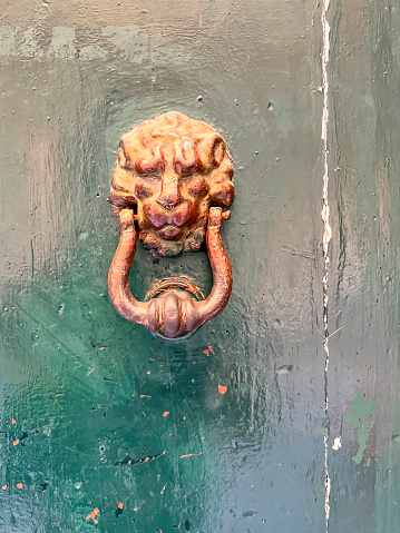 Decorative door knocker in the form of a lion's head, close-up.
