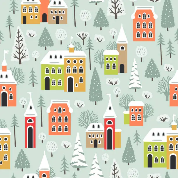 Vector illustration of Christmas seamless pattern with winter houses, trees and other elements.