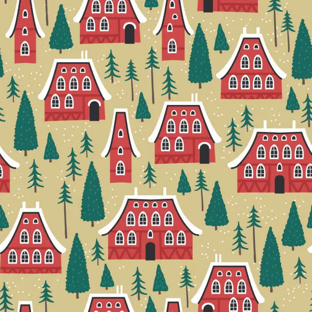 Vector illustration of Christmas seamless pattern with winter houses, trees and other elements.