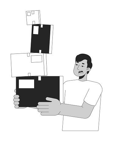 Troubled indian guy carrying unsteady cardboard boxes black and white 2D line cartoon character. Parcels holding south asian man isolated vector outline person. Monochromatic flat spot illustration