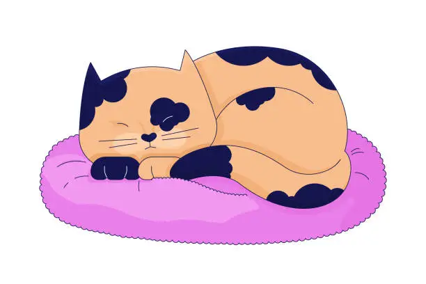 Vector illustration of Lazy spotted cat sleeping on pillow 2D linear cartoon character