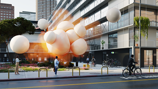 A cluster of big soft spheres in the middle of the city street, all objects in the scene are 3D