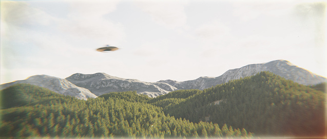 3D render in the style of a vintage photograph of a flying saucer