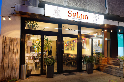 Cologne, Germany November 30 2023: illuminated ethiopian restaurant selam in cologne ehrenfeld in the evening