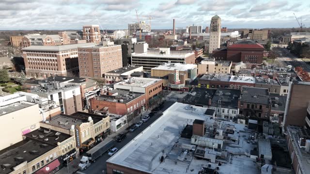 Downtown Ann Arbor, Michigan with drone video moving in a circle.