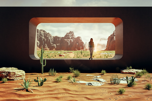 Woman standing in desert at sunset. 3D generated image.
