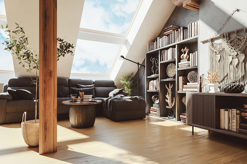 Modern loft apartment living room. 3D generated image.