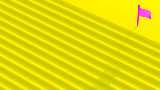 фиолетовый флаг в конце желтой лестницы, тема совершенствования и достижений - lead theme стоковые фото и изображения