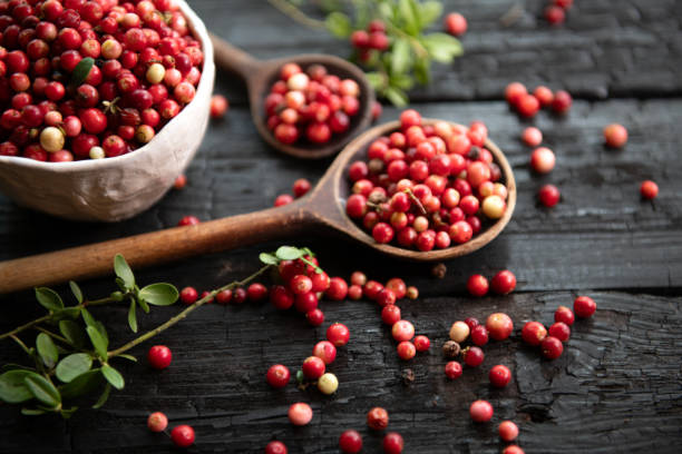 istock Red cranberries on wooden background. 1825434873