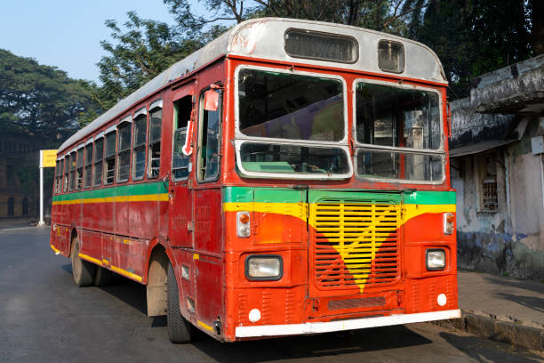 Front shot on the classic bus stopped on the road.