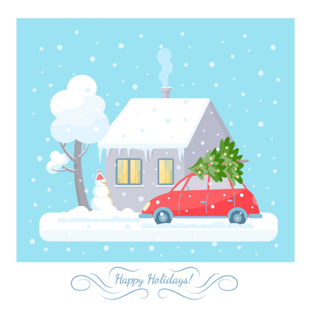 istock Winter snowing landscape with a cottage, car and Christmas tree. Greeting holidays card with snowman. Vector illustration in flat style on the blue background. 1825507880